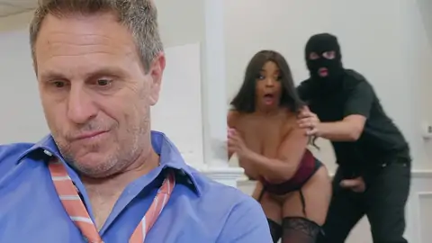 Burglar ends up fucking a busty ebony with big bobos