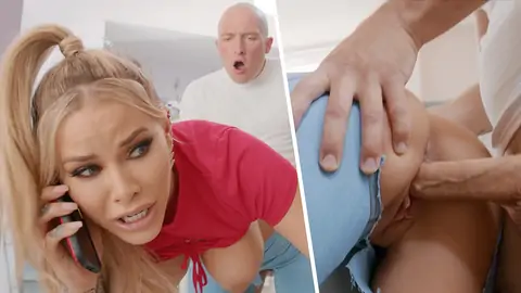 Bald dude fucking a blonde through her ripped jeans