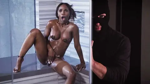 Ebony with pierced nipples is caught by a thief