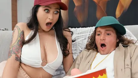 Classmate surprised with cumshot on a brunette's tits