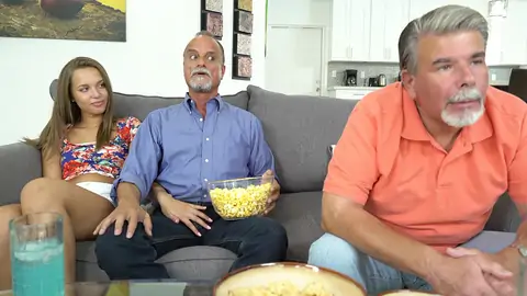 Teen teases surprised dad's friend by touching his cock